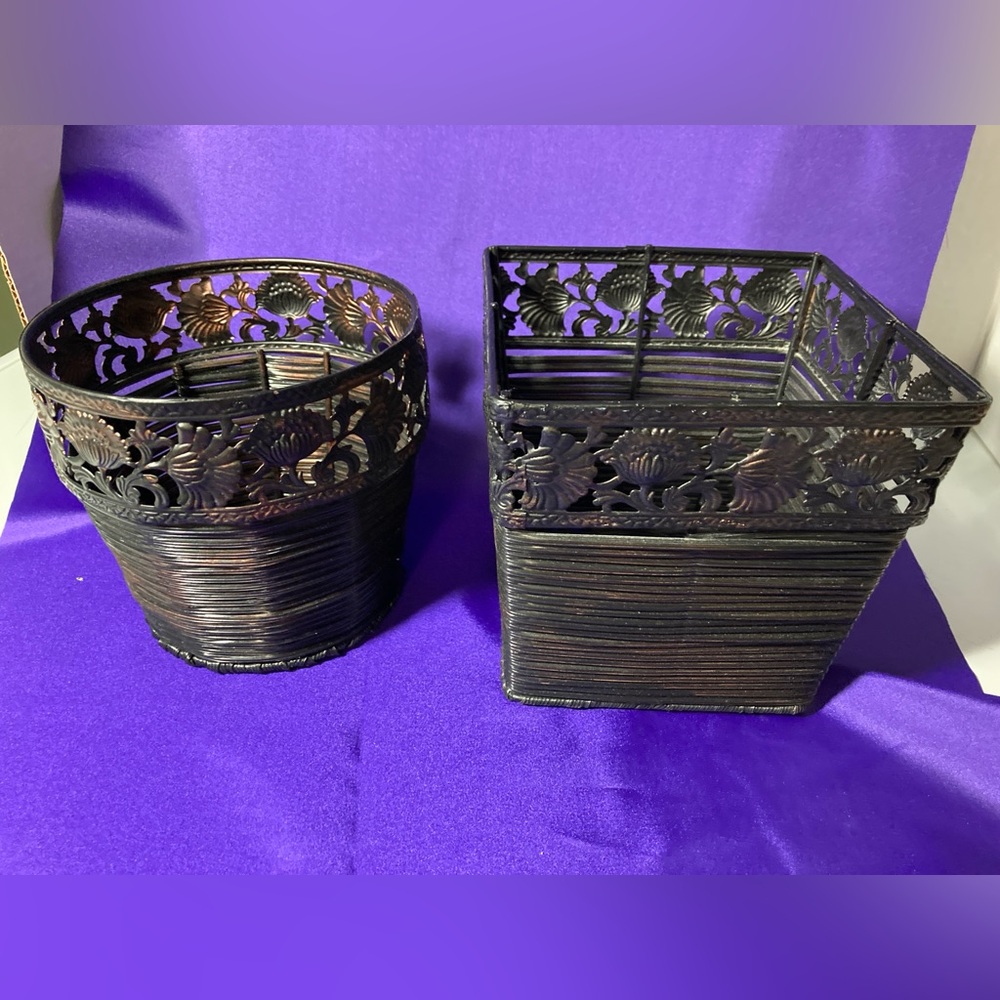Decorative Black Metal & wicker Baskets. Round & square